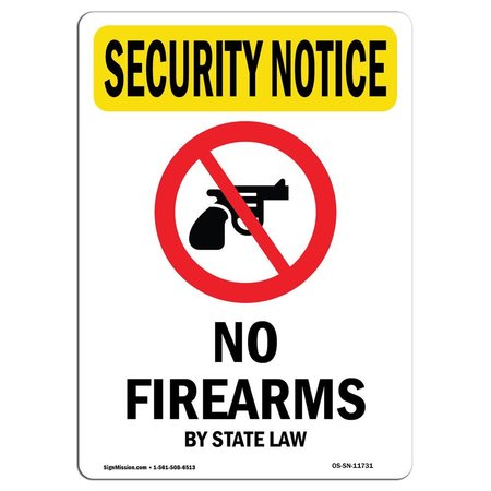 SIGNMISSION OSHA Security Sign, 18" H, 12" W, Rigid Plastic, No Firearms By State Law With Symbol, Portrait OS-SN-P-1218-V-11731
